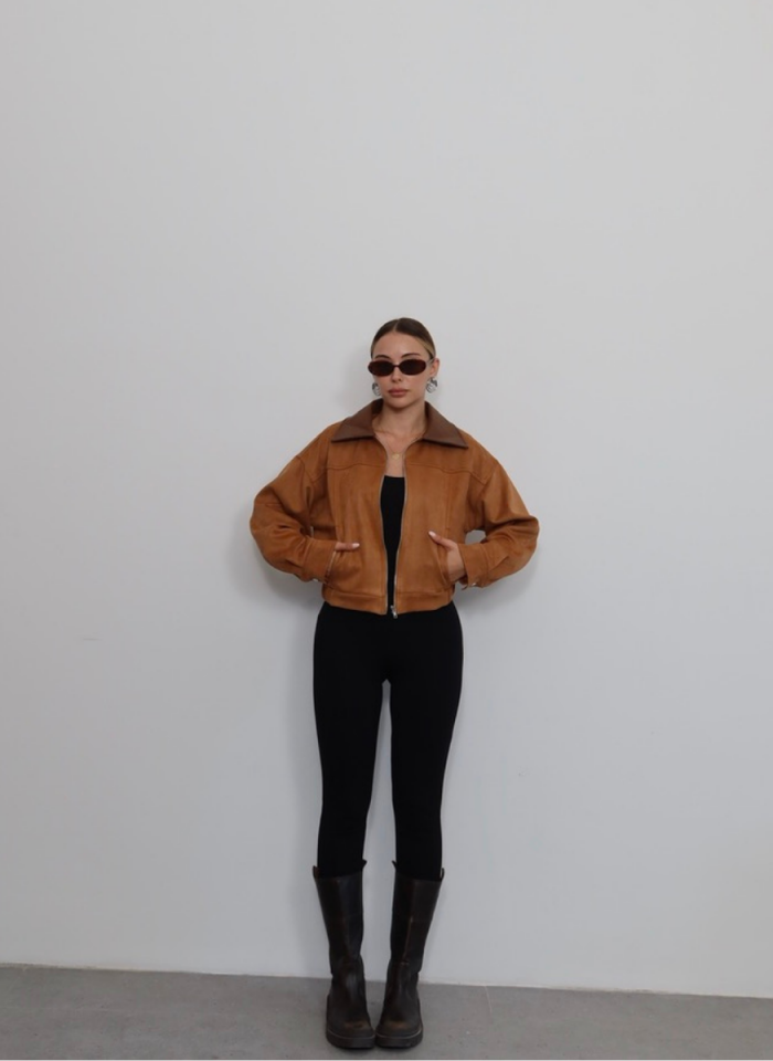 TABA DERİ YAKALI SÜET BOMBER